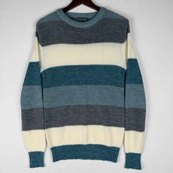 Saturdays Linen Blend Sweater Mens Small Blue Striped Knit Crewneck Pullover - Picture 2 of 7